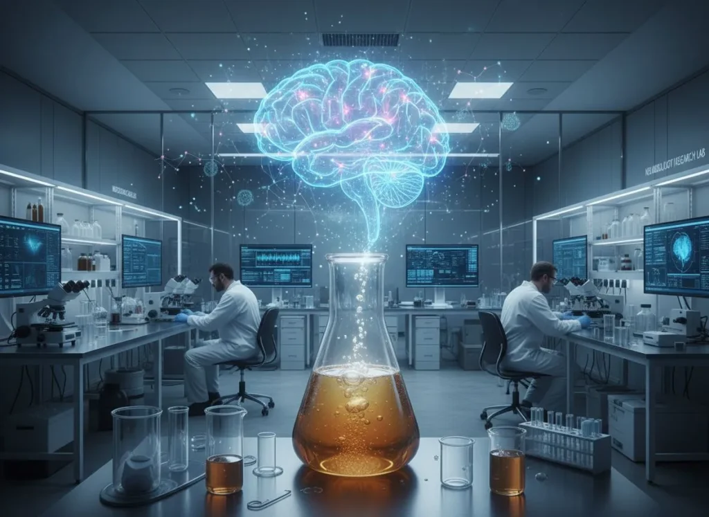 laboratorium neurobiologiczne, w centrum szklana kolba z ekstraktem z chmielu