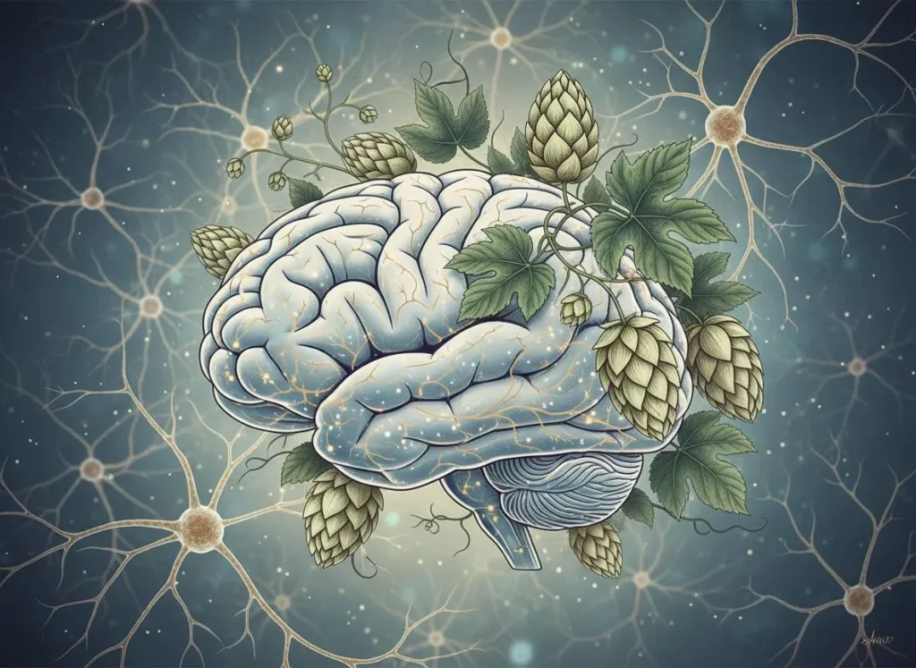 ilustracja mózgu otoczonego delikatnymi liśćmi chmielu